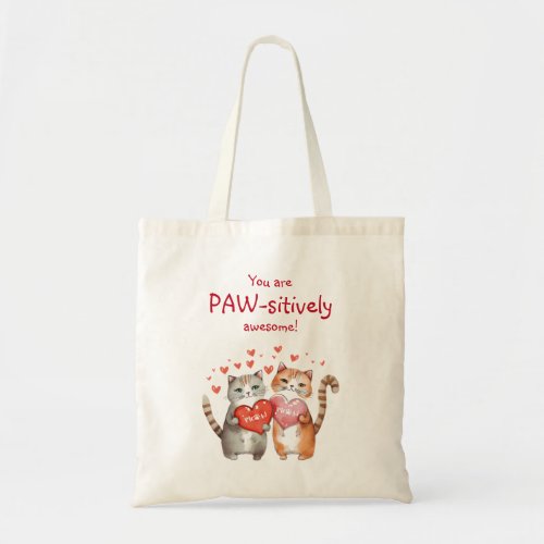 You Are Pawsitively Awesome Red and Pink Cat Tote Bag