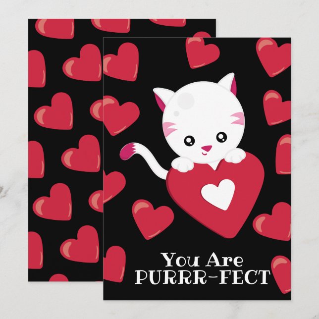 You Are Purfect Kitten Red Heart Pattern Valentine Holiday Card (Front/Back)