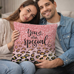 You Are Special Pink Glitter Leopard Print Throw Pillow