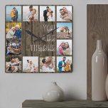 You are the One Quote 12 Photo Brown Wood Square Wall Clock<br><div class="desc">Photo clock with romantic quote and 12 of your favorite pictures. The photo template is set up for you to create your own grid style photo collage to frame the quote reads "you are the one". The design is lettered in modern oversized print and casual script typography with a brown...</div>
