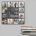 You are the One Quote 12 Photo Grey Wood Square Wall Clock<br><div class="desc">Photo clock with romantic quote and 12 of your favorite pictures. The photo template is set up for you to create your own grid style photo collage to frame the quote reads "you are the one". The design is lettered in modern oversized print and casual script typography with a grey...</div>