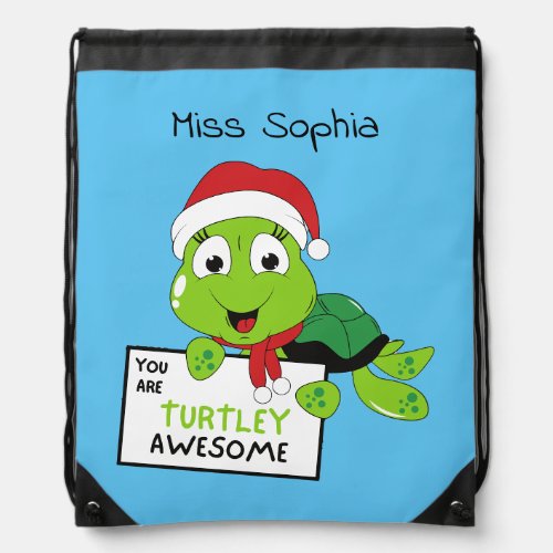 You Are Turtley Awesome Funny Turtle Puns Blue Drawstring Bag