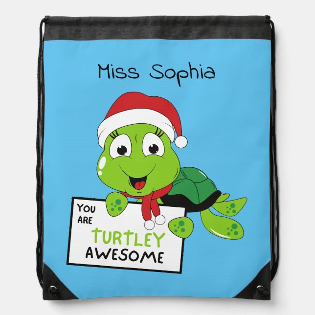 You Are Turtley Awesome Funny Turtle Puns Blue Drawstring Bag (Front)