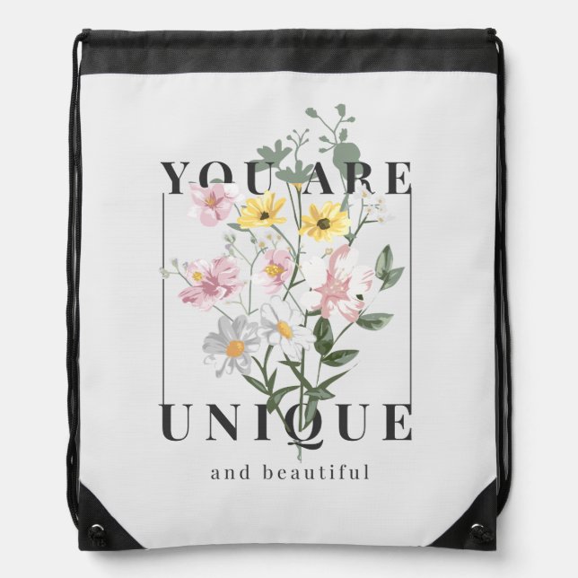 You are Unique Floral Slogan Drawstring Bag (Front)