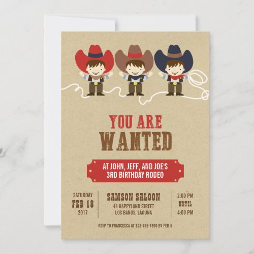 You Are Wanted Cowboy Triplets Birthday Invitation