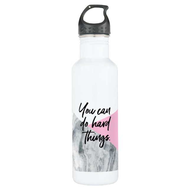 You can do hard thing quote marble and pink stainless steel water bottle (Front)