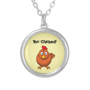 You Chicken?, Funny Brown Rooster Cartoon Taunt  Silver Plated Necklace