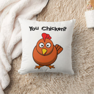 You Chicken?, Funny Brown Rooster Cartoon Taunt Throw Pillow