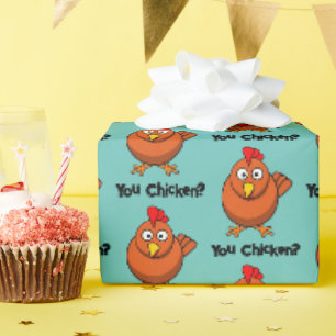 You Chicken?, Funny Brown Rooster Cartoon Taunt  Wrapping Paper