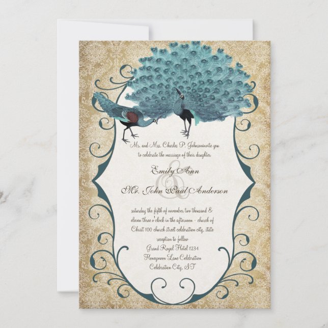 You Choose Background Color -Damask Peacock Invitation (Front)