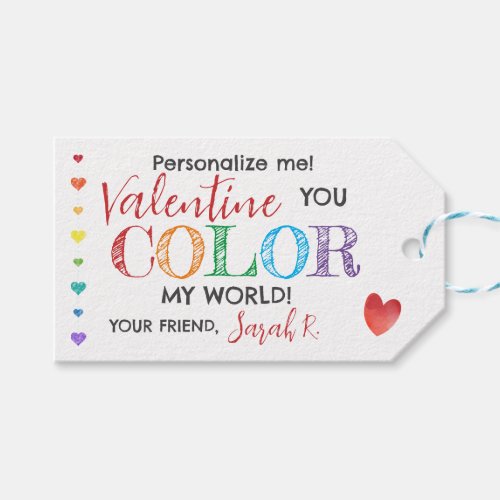 You Color My World Valentine Pen Classroom Tag