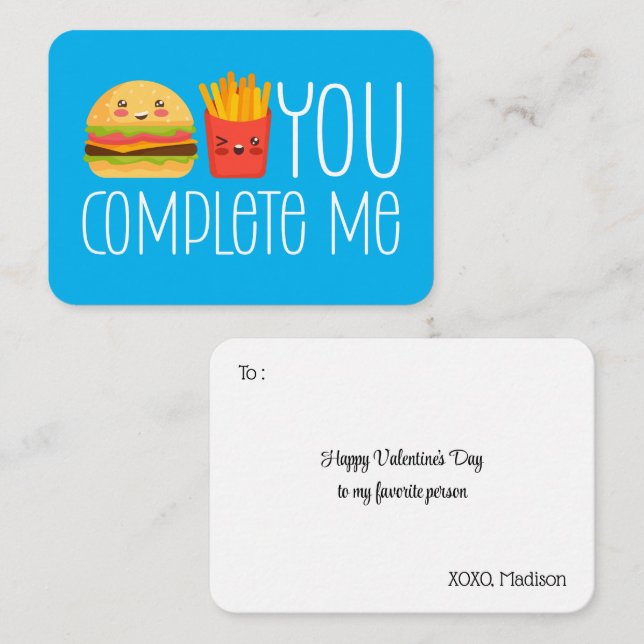 You Complete Me Burger Fries Cute Valentine's Day Note Card (Front/Back)