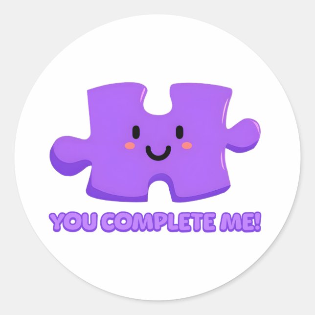 You Complete Me! Cute Puzzle Cartoon Classic Round Sticker (Front)