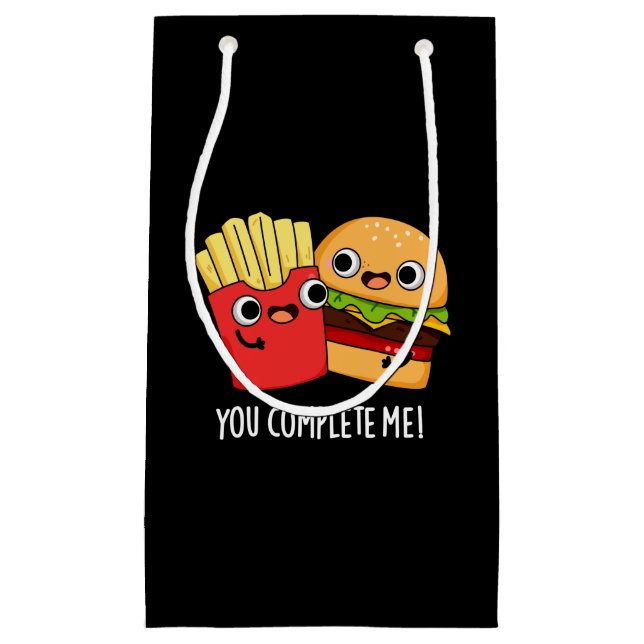You Complete Me Funny Burger Fries Pun Dark BG Small Gift Bag (Front)