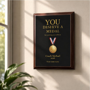 You Deserve a Medal Funny Coach Elegant Black Team Award Plaque