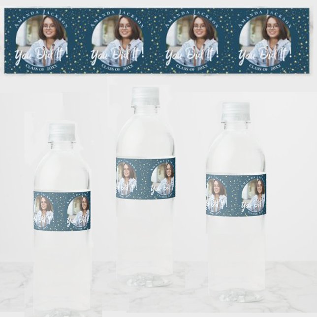 You Did It Blue Photo Class of 2023 Graduation Water Bottle Label (Creator Uploaded)