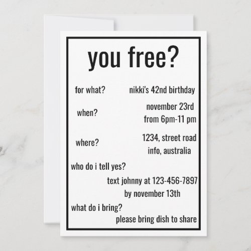 You Free Funny Simple Birthday Minimalist Custom  Invitation