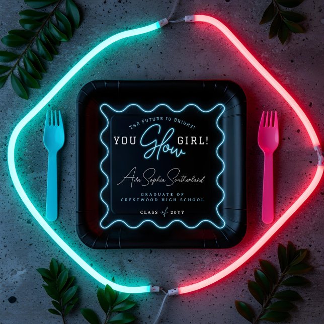 You Glow Girl Retro Wavy Blue Neon Graduation Paper Plates (You Glow Girl Retro Wavy Blue Neon Graduation Paper Plates)