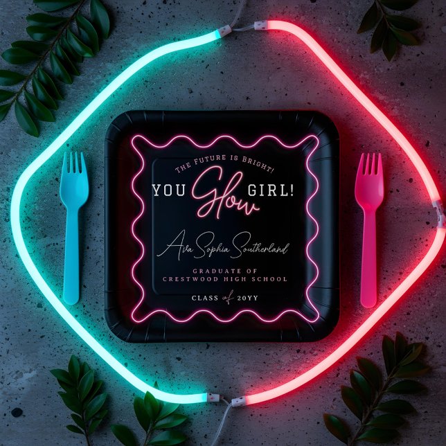 You Glow Girl Retro Wavy Pink Neon Graduation Paper Plates (You Glow Girl Retro Wavy Pink Neon Graduation Paper Plates)