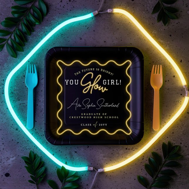 You Glow Girl Retro Wavy Yellow Neon Graduation Paper Plates (You Glow Girl Retro Wavy Yellow Neon Graduation Paper Plates)