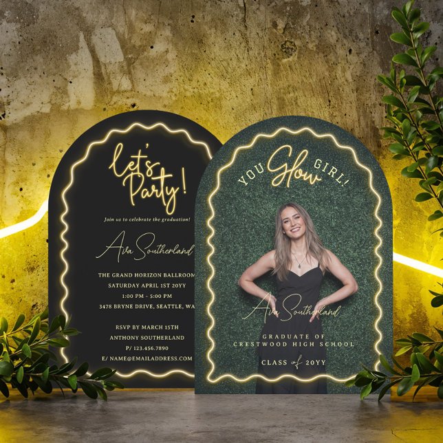 You Glow Girl Wavy Yellow Neon Graduation Photo Invitation (You Glow Girl Wavy Yellow Neon Graduation Photo Invitation)