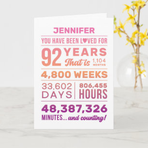 You Have Been Loved 92 Years, Custom Name Birthday Card