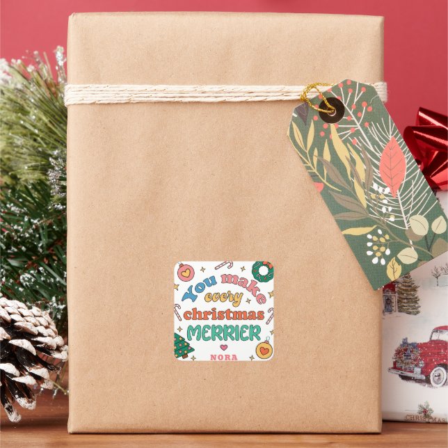 You Make Every Christmas Merrier | Cute Retro Square Sticker (Holiday)