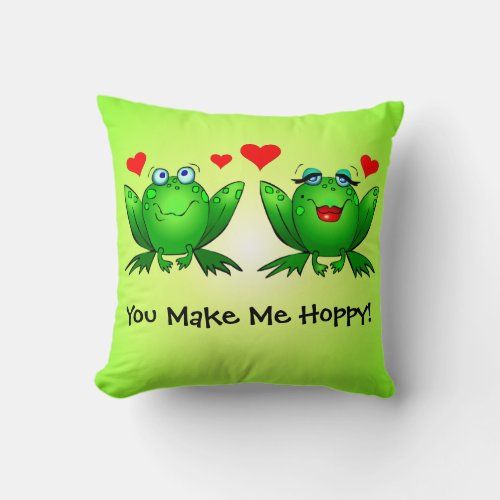 You Make Me Hoppy Cute Cartoon Green Frogs Hearts Throw Pillow