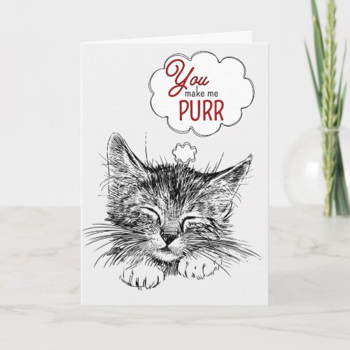You Make Me Purr Valentines Cat Sketch with Red Holiday Card