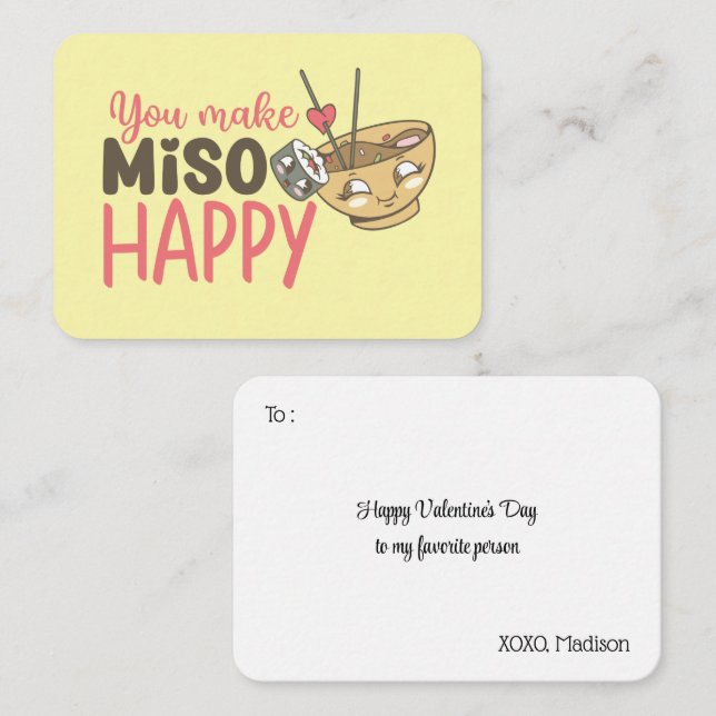 You Make Miso Happy Funny Pun Kids Valentines Day Note Card (Front/Back)