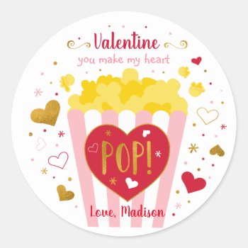 You Make My Heart Pop Valentine's Day Popcorn Classic Round Sticker by LittlePrintsParties at Zazzle