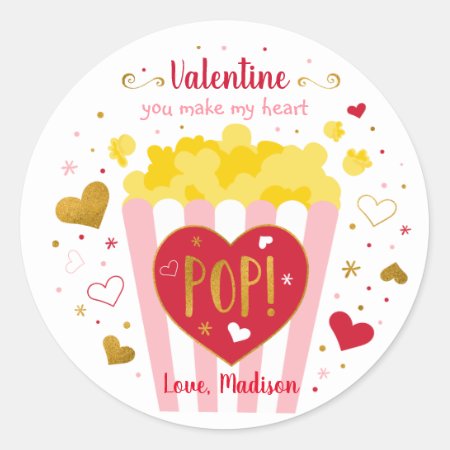 You Make My Heart Pop Valentine's Day Popcorn Classic Round Sticke