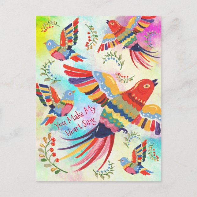 You Make My Heart Sing Folk Art Birds Tie Dye Postcard (Front)