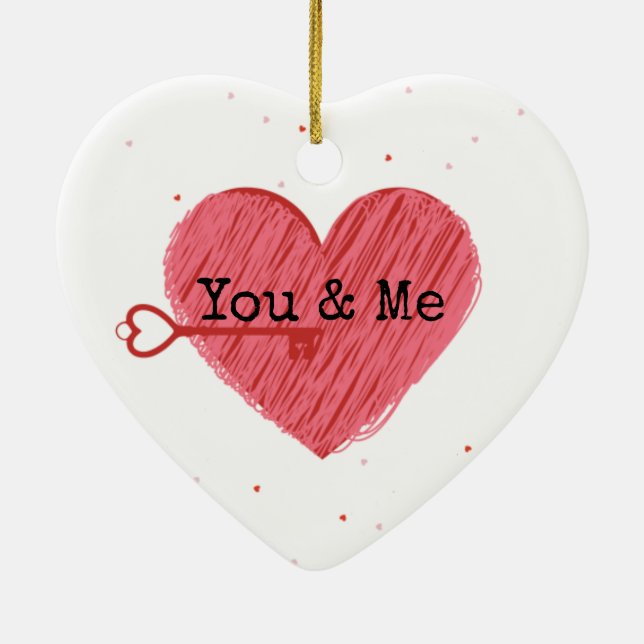 You & Me Cute Key and Red Heart Valentines Day Ceramic Ornament (Back)