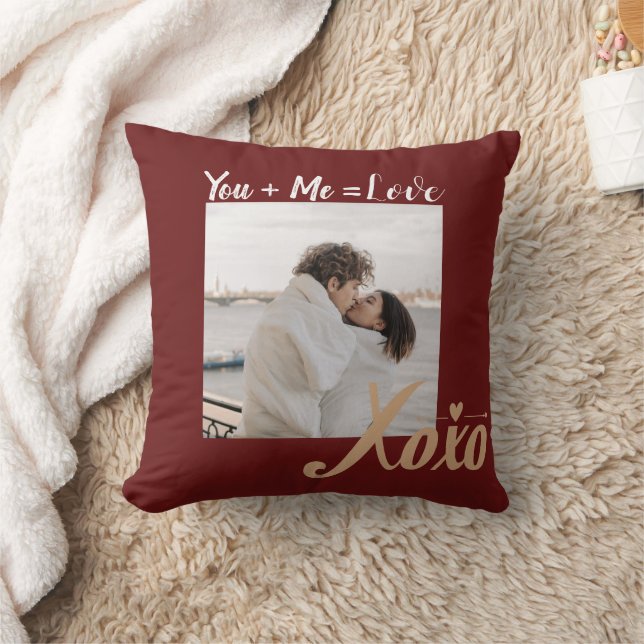 You + Me = Love Valentine XO Photo Script Red Gold Throw Pillow (Blanket)