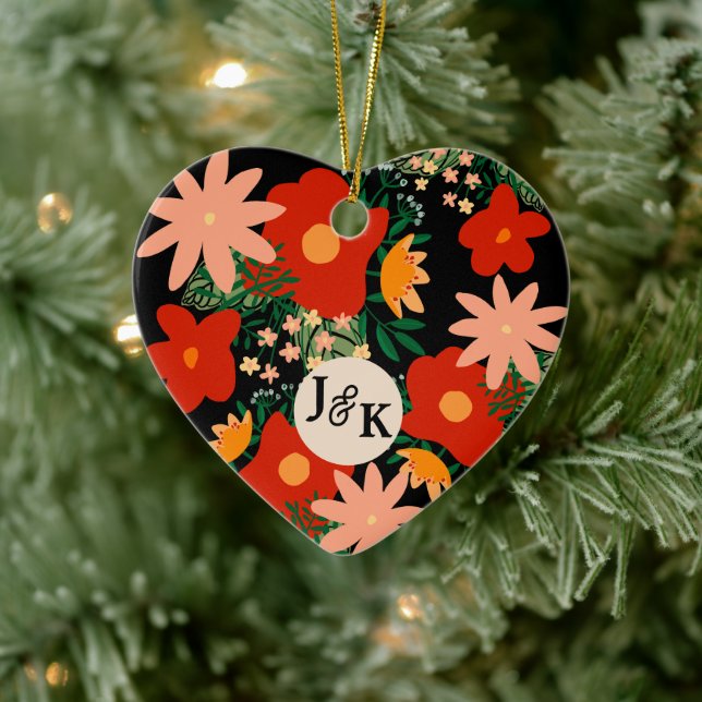 You & Me romance black Red flower heart Ceramic Ornament (Tree)