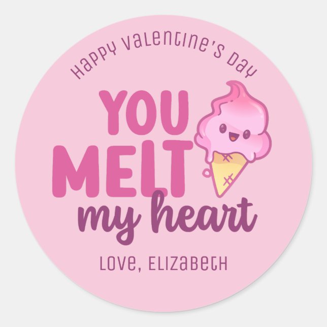You Melt My Heart Funny Cute Valentine's Day Pink Classic Round Sticker (Front)