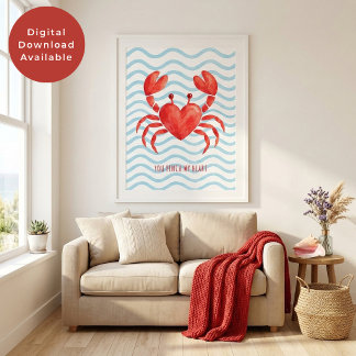 You Pinch My Heart Watercolor Red Crab Valentine Poster