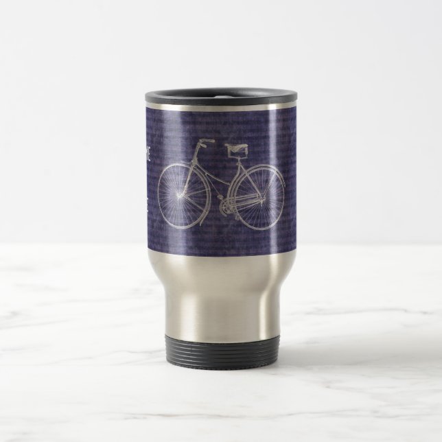 You Plus Bicycle Equals Happy Antique Bike Purple Travel Mug (Center)