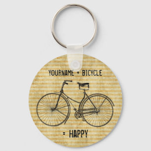 You Plus Bicycle Equals Happy Antique Bike Yellow Keychain