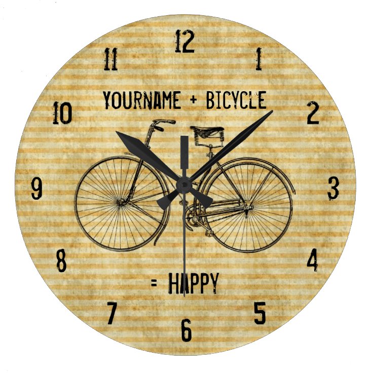 You Plus Bicycle Equals Happy Antique Bike Yellow Large Clock | Zazzle