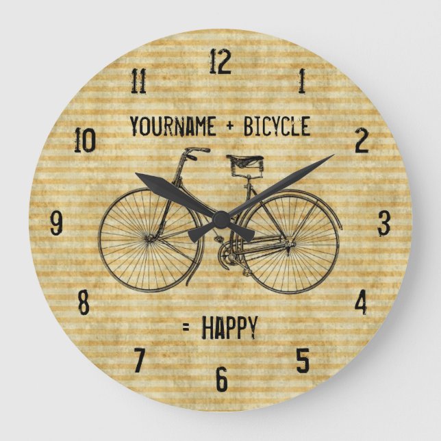 You Plus Bicycle Equals Happy Antique Bike Yellow Large Clock (Front)