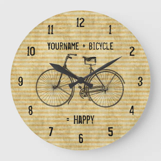 You Plus Bicycle Equals Happy Antique Bike Yellow Large Clock | Zazzle