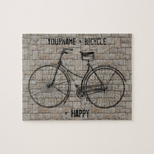 You Plus Bicycle Equals Happy Antique Bricks Gray Jigsaw Puzzle (Horizontal)