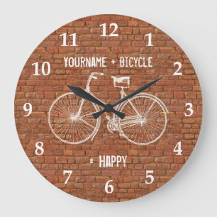 You Plus Bicycle Equals Happy Antique Red Bricks Large Clock