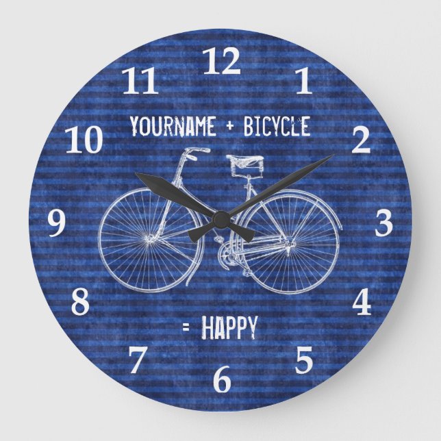 You Plus Bicycle Equals Happy Antique Stripes Blue Large Clock (Front)