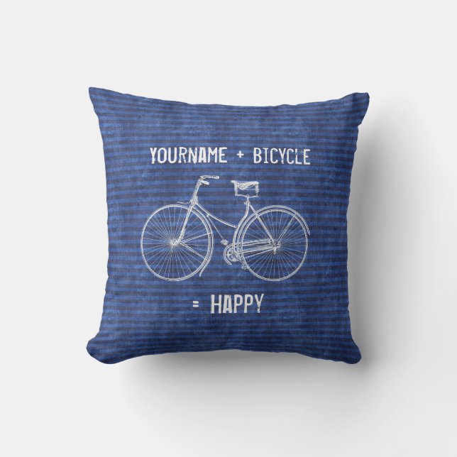 You Plus Bicycle Equals Happy Antique Wheels Blue Throw Pillow (Front)