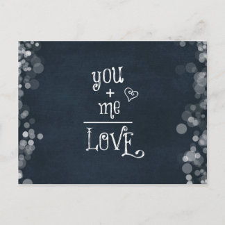 You Plus Me equals Love quote on Chalkboard Postcard