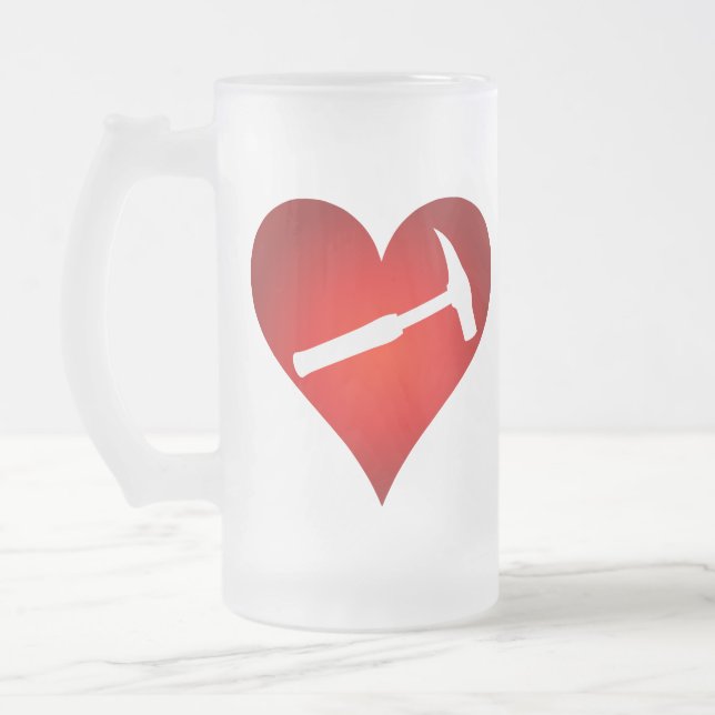 You Rock My World: Rock Hammer Heart Frosted Glass Beer Mug (Left)