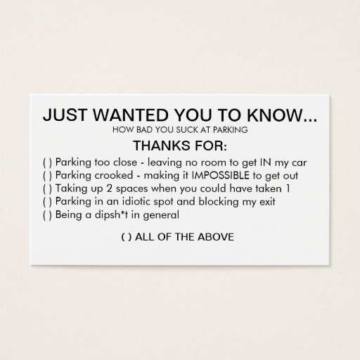 Customizable YOU SUCK AT PARKING BUSINESS CARD TEMPLATE